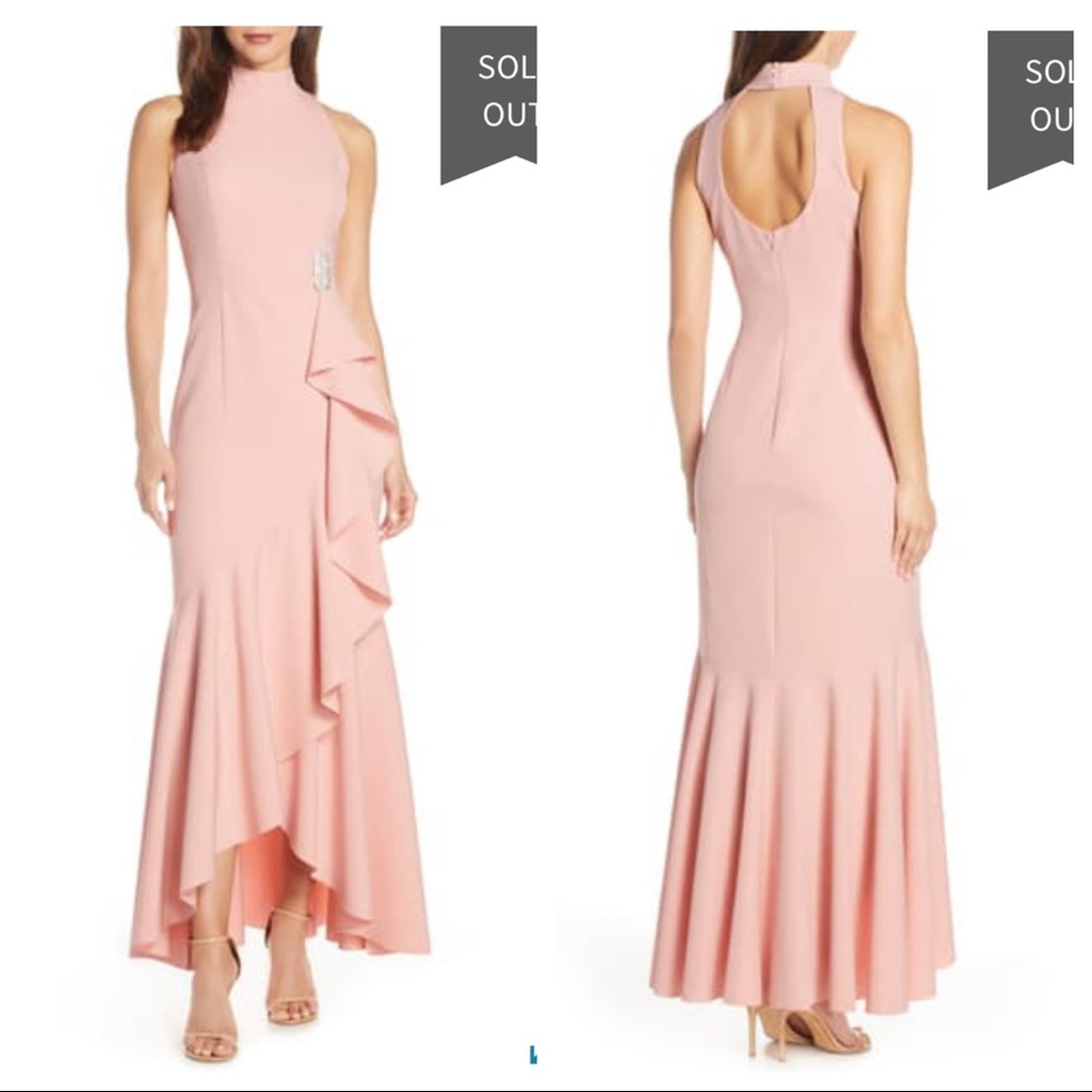 Vince Camuto Pink Ruffled Mock-neck Gown